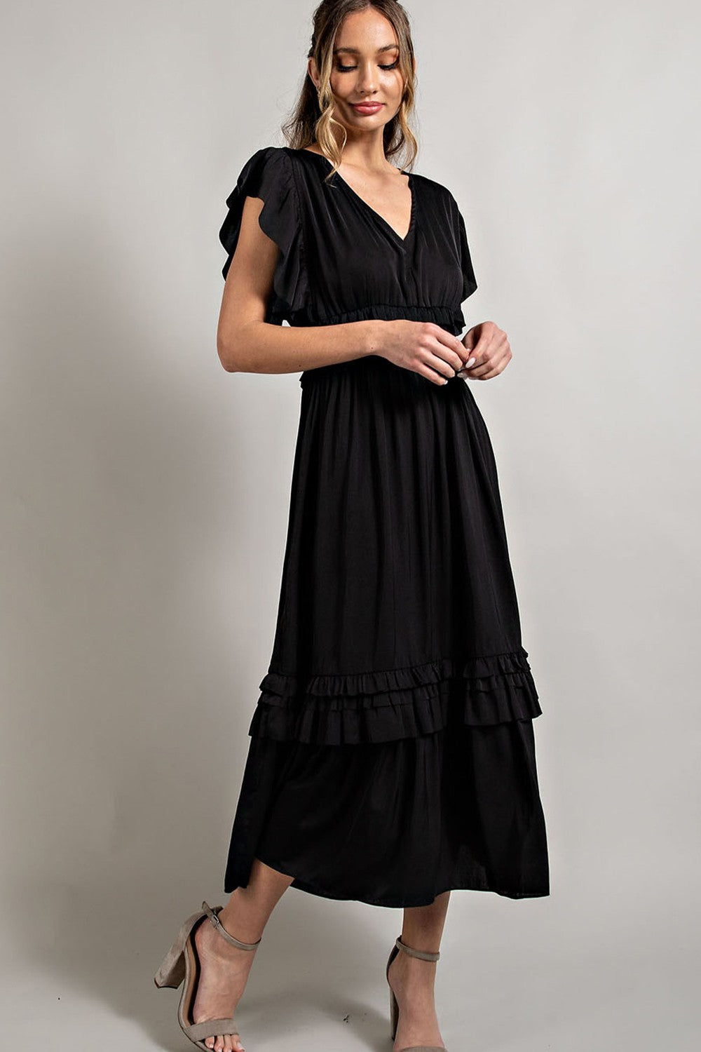 Black Ruffle Accent V-Neck Maternity Midi Dress