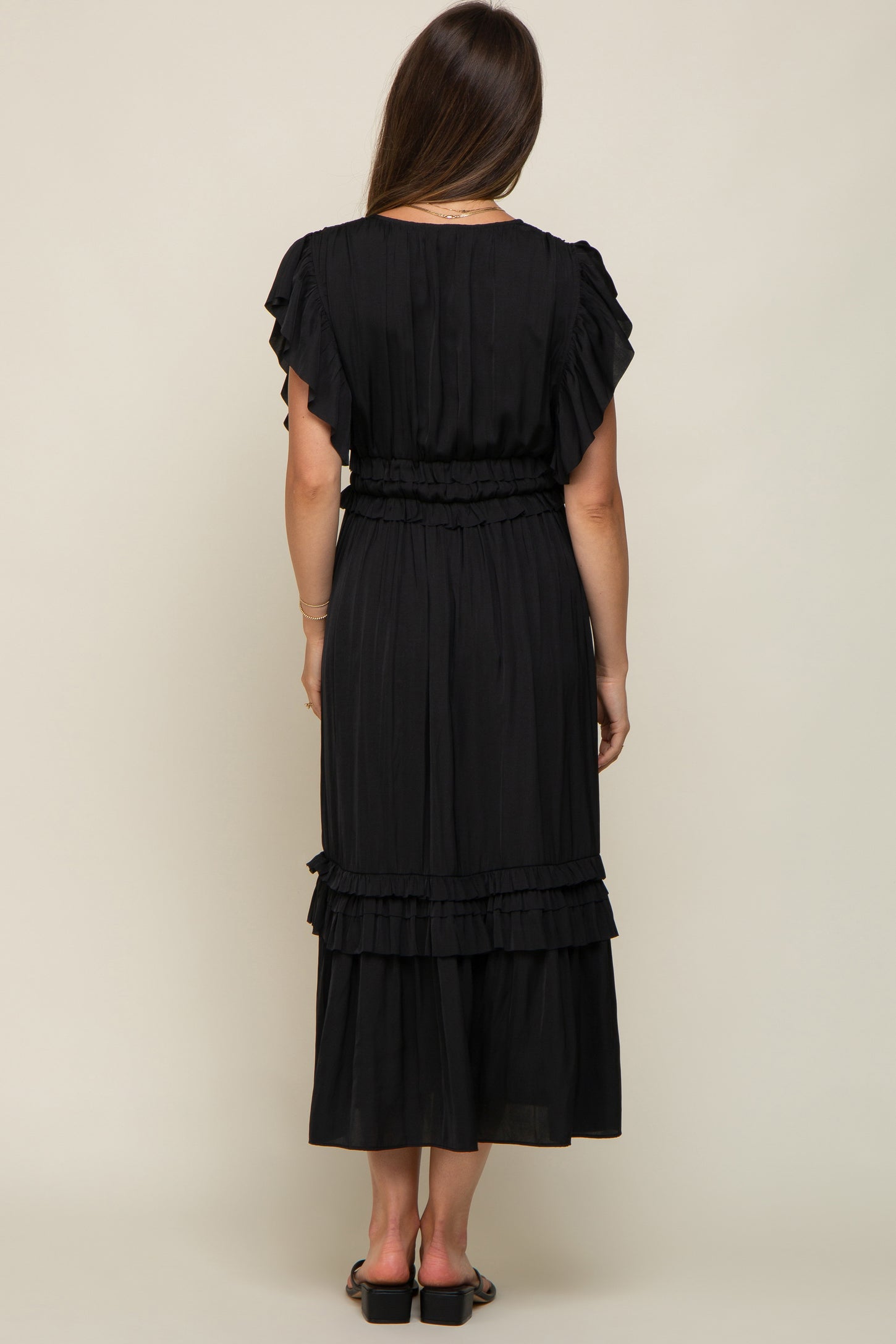 Black Ruffle Accent V-Neck Maternity Midi Dress