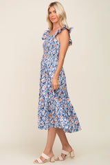 Blue Floral Smocked Frill Sleeve Midi Dress