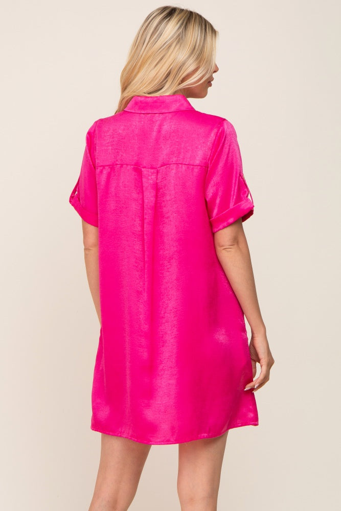 Fuchsia Satin Button Front Short Sleeve Dress
