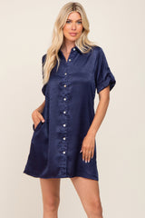 Navy Blue Satin Button Front Short Sleeve Dress