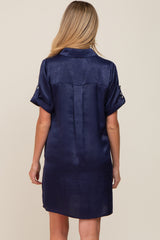 Navy Blue Satin Button Front Short Sleeve Maternity Dress