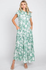 Light Olive Floral Tiered Ruffle Accent Maternity Maxi Dress