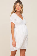 Ivory Smocked Textured V-Neck Maternity Dress