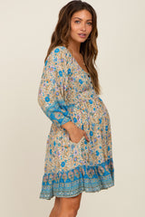 Blue Floral Paisley Smocked Button Front Back Cutout Maternity Dress