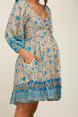 Blue Floral Paisley Smocked Button Front Back Cutout Maternity Dress