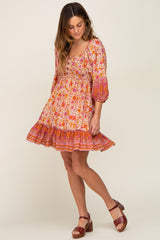 Magenta Floral Paisley Smocked Button Front Back Cutout Maternity Dress