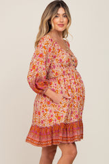 Magenta Floral Paisley Smocked Button Front Back Cutout Maternity Dress