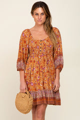 Rust Floral Paisley Smocked Button Front Back Cutout Dress