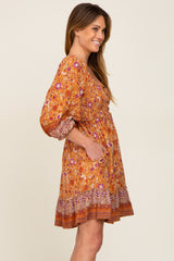 Rust Floral Paisley Smocked Button Front Back Cutout Dress