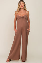 Mocha Strapless Front Twist Maternity Jumpsuit