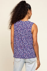 Navy Floral Split V-Neck Sleeveless Top