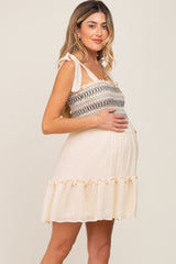 Cream Embroidered Smocked Shoulder Tie Maternity Dress