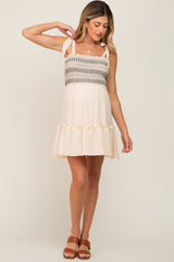 Cream Embroidered Smocked Shoulder Tie Maternity Dress