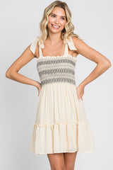 Cream Embroidered Smocked Shoulder Tie Maternity Dress