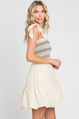 Cream Embroidered Smocked Shoulder Tie Dress