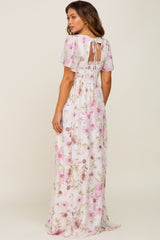 Pink Floral Chiffon Smocked Short Sleeve Maternity Maxi Dress