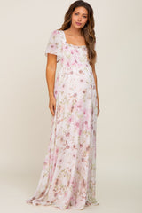 Pink Floral Chiffon Smocked Short Sleeve Maternity Maxi Dress