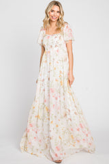 Cream Floral Chiffon Smocked Short Sleeve Maternity Maxi Dress