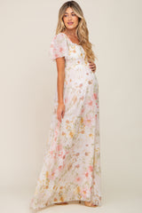 Cream Floral Chiffon Smocked Short Sleeve Maternity Maxi Dress