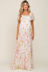 Cream Floral Chiffon Smocked Short Sleeve Maternity Maxi Dress