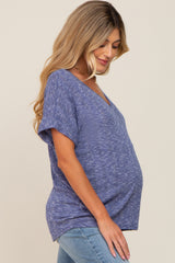 Navy Ribbed Cuffed Short Sleeve Maternity Top