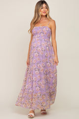 Lavender Floral Swiss Dot Smocked Maternity Maxi Dress