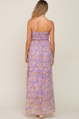 Lavender Floral Swiss Dot Smocked Maternity Maxi Dress