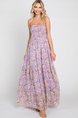 Lavender Floral Swiss Dot Smocked Maternity Maxi Dress