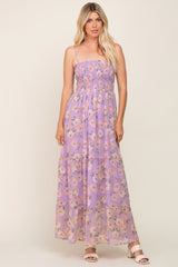 Lavender Floral Swiss Dot Smocked Maxi Dress