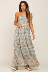 Mint Green Floral Swiss Dot Smocked Maternity Maxi Dress