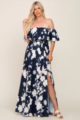 Navy Blue Floral Overlay Off-Shoulder Side Slit Maternity Maxi Dress