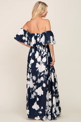 Navy Blue Floral Overlay Off-Shoulder Side Slit Maxi Dress