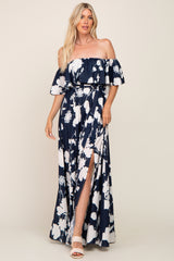 Navy Blue Floral Overlay Off-Shoulder Side Slit Maxi Dress