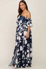 Navy Blue Floral Overlay Off-Shoulder Side Slit Maternity Maxi Dress