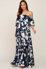 Navy Blue Floral Overlay Off-Shoulder Side Slit Maternity Maxi Dress