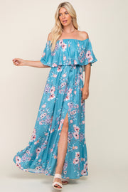 Aqua Floral Overlay Off-Shoulder Side Slit Maxi Dress
