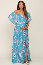 Aqua Floral Overlay Off-Shoulder Side Slit Maternity Maxi Dress