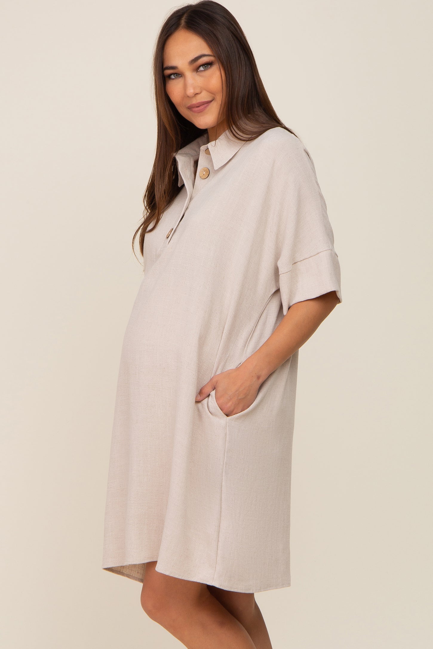Beige Linen Front Button Collared Maternity Dress