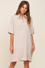 Beige Linen Front Button Collared Maternity Dress