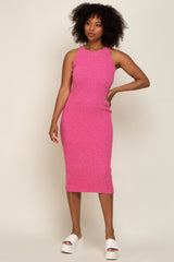 Fuchsia Sleeveless Ribbed Knit Fitted Midi Dress