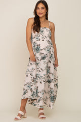 Teal Floral Smocked Square Neck Maternity Maxi Dress