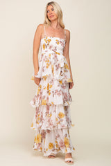 Gold Floral Smocked Ruffle Tiered Maxi Dress