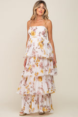 Gold Floral Smocked Ruffle Tiered Maternity Maxi Dress