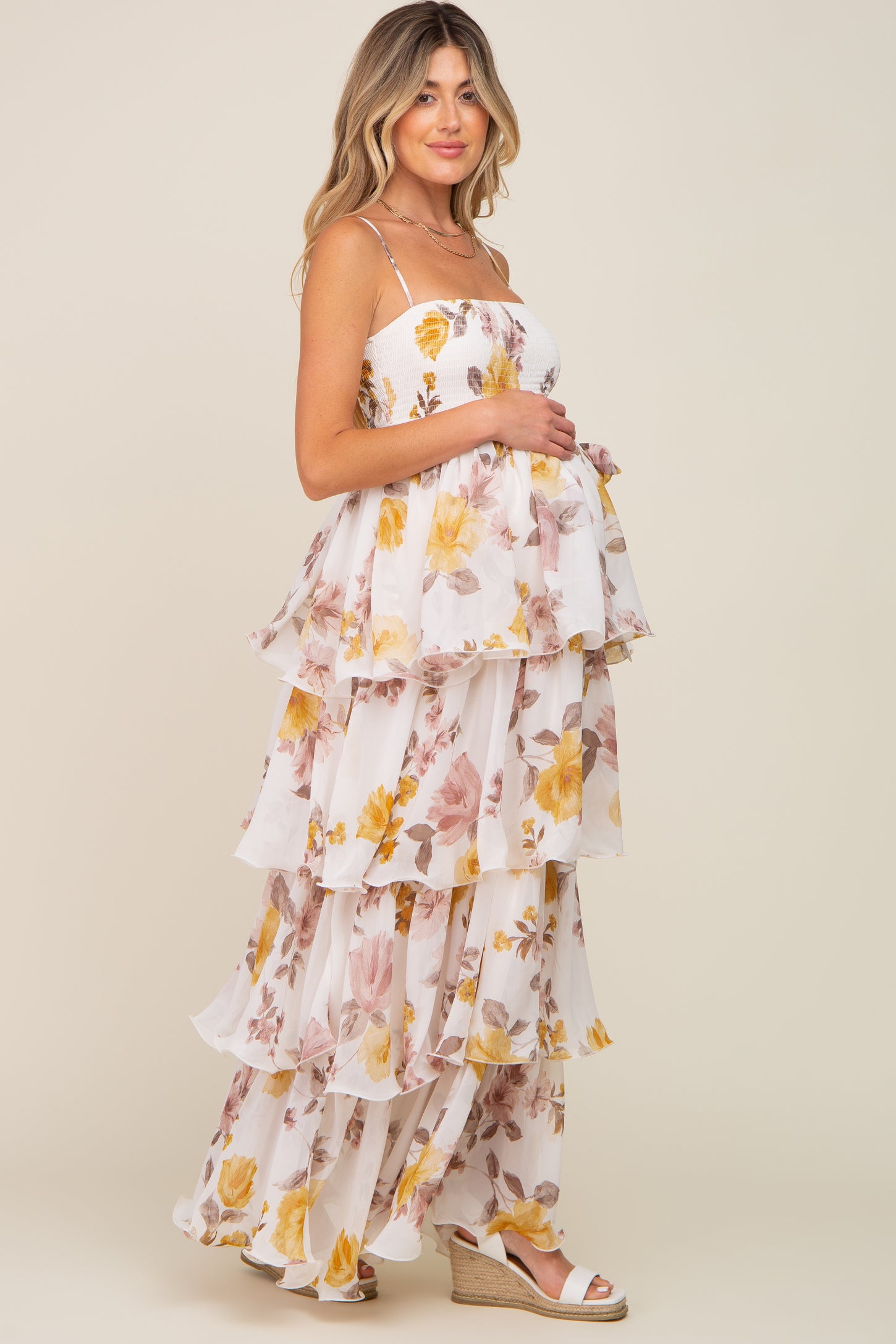 Gold Floral Smocked Ruffle Tiered Maternity Maxi Dress
