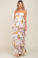 Gold Floral Smocked Ruffle Tiered Maternity Maxi Dress