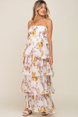 Gold Floral Smocked Ruffle Tiered Maternity Maxi Dress