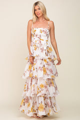 Gold Floral Smocked Ruffle Tiered Maxi Dress