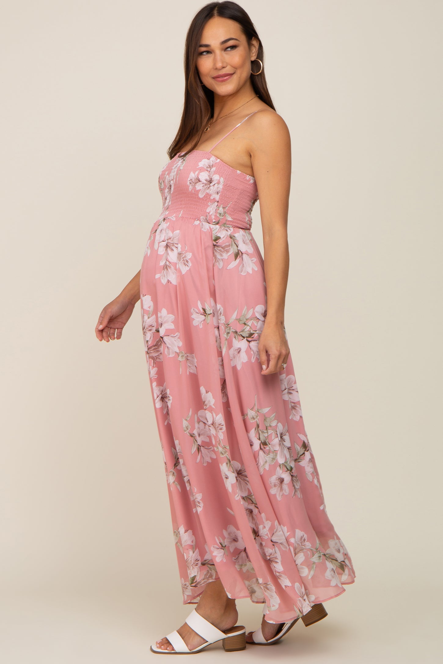 Mauve Floral Sleeveless Smocked Maternity Maxi Dress
