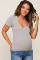 Grey Ribbed Knit Fitted Maternity Top